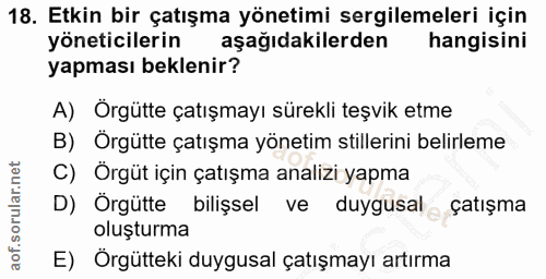 18. soru: Etkin bir çatışma yönetimi sergilemeleri için yöneticilerin aşağıdakilerden hangisini yapması beklenir? A) Örgütte ça…