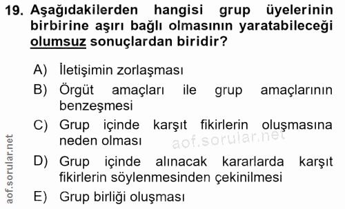 19. soru: Aşağıdakilerden hangisi grup üyelerinin birbirine aşırı bağlı olmasının yaratabileceği olumsuz sonuçlardan biridir? A…