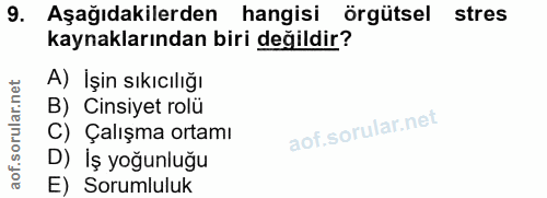9. soru: Aşağıdakilerden hangisi örgütsel stres kaynaklarından biri değildir? A) İşin sıkıcılığı B) Cinsiyet rolü C) Çalışma o…