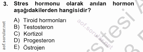 3. soru: Stres hormonu olarak anilan hormon aşağıdakilerden hangisidir? A) Tiroid hormonları B) Testosteron (.sOrul C) Kortizo…