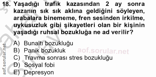 18. soru: Yaşadığı trafik kazasından 2 ay sonra kazanın sık sık aklına geldiğini söyleyen, arabalara binememe, fren sesinden ir…