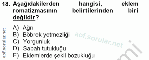18. soru: Aşağıdakilerden hangisi, eklem romatizmasının belirtilerinden biri değildir? A) Ağrı B) Böbrek yetmezliği C) Yorgunlu…