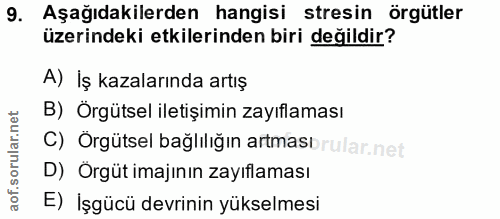 9. soru: Aşağıdakilerden hangisi stresin örgütler üzerindeki etkilerinden biri değildir? A) İş kazalarında artış B) Örgütsel i…