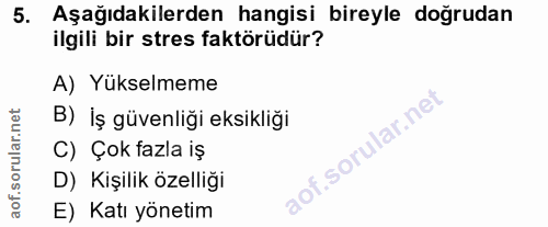 5. soru: Aşağıdakilerden hangisi bireyle doğrudan ilgili bir stres faktörüdür? A) Yükselmeme B) İş güvenliği eksikliği C) Çok…