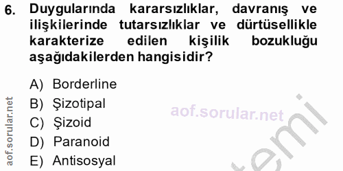 6. soru: Duygularında kararsızlıklar, davranış ve ilişkilerinde tutarsızlıklar ve dürtüsellikle karakterize edilen kişilik boz…