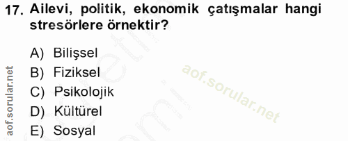 17. soru: Ailevi, politik, ekonomik çatışmalar hangi stresörlere örnektir? A) Bilişsel B) Fiziksel C) Psikolojik D) Kültürel E)…