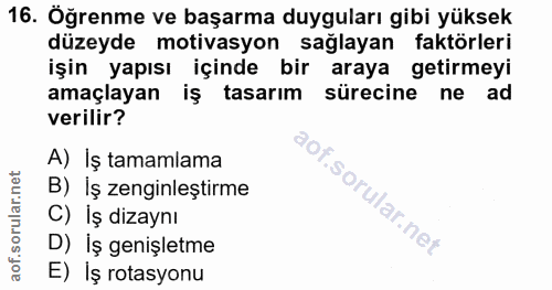 16. soru: Öğrenme ve başarma duyguları gibi yüksek düzeyde motivasyon sağlayan faktörleri işin yapısı içinde bir araya getirmey…