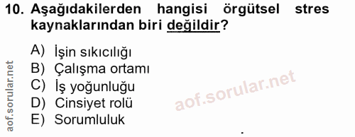 10. soru: Aşağıdakilerden hangisi örgütsel stres kaynaklarından biri değildir? A) İşin sıkıcılığı B) Çalışma ortamı C) İş yoğun…