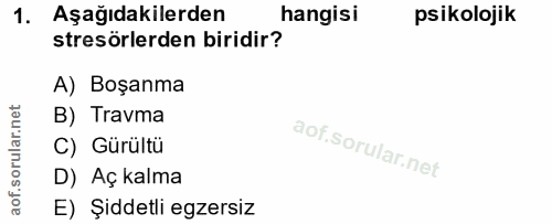 1. soru: Aşağıdakilerden hangisi psikolojik stresörlerden biridir? A) Boşanma B) Travma C) Gürültü D) Aç kalma E) Şiddetli egz…