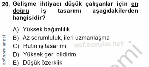 20. soru: Gelişme ihtiyacı düşük çalışanlar için en dogru iş tasarımı aşağıdakilerden hangisidir? A) Yüksek bağımlılık B) Az so…