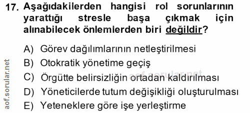 17. soru: Aşağıdakilerden hangisi rol sorunlarının yarattığı stresle başa çıkmak için alınabilecek önlemlerden biri değildir? A…