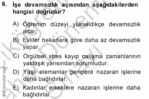 6. soru: Işe devamsızlık açısından aşağıdakilerden hangisi doğrudur? A) Öğrenim düzeyi yükseldikçe devamsızlık artar. B) Evlil…