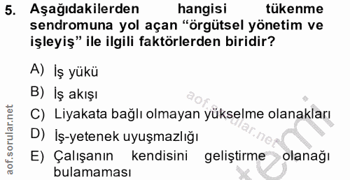 5. soru: Aşağıdakilerden hangisi tükenme sendromuna yol açan "örgütsel yönetim ve işleyiş" ile ilgili faktörlerden biridir? A)…