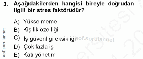 3. soru: Aşağıdakilerden hangisi bireyle doğrudan ilgili bir stres faktörüdür? A) Yükselmeme B) Kişilik özelliği C) İş güvenli…