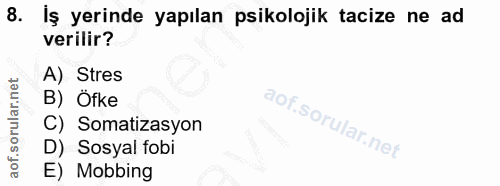 8. soru: İş yerinde yapılan psikolojik tacize ne ad verilir? A) Stres B) Öfke C) Somatizasyon D) Sosyal fobi E) Mobbing