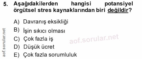 5. soru: Aşağıdakilerden hangisi potansiyel örgütsel stres kaynaklarından biri değildir? A) Davranış eksikliği B) İşin sıkıcı…