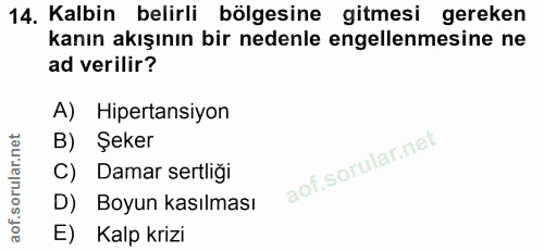 14. soru: Kalbin belirli bölgesine gitmesi gereken kanın akışının bir nedenle engellenmesine ne ad verilir? A) Hipertansiyon B)…