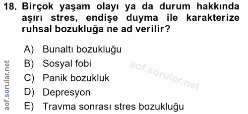 18. soru: Birçok yaşam olayı ya da durum hakkında aşırı stres, endişe duyma ile karakterize ruhsal bozukluğa ne ad verilir? A)…