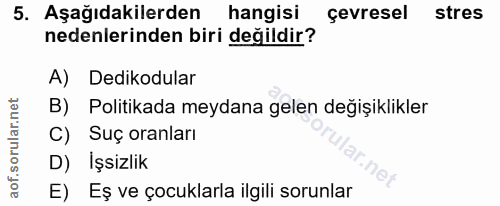 5. soru: Aşağıdakilerden hangisi çevresel stres nedenlerinden biri değildir? A) Dedikodular B) Politikada meydana gelen değişi…