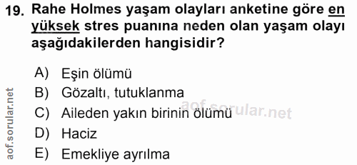 19. soru: Rahe Holmes yaşam olayları anketine göre en yüksek stres puanına neden olan yaşam olayı aşağıdakilerden hangisidir? A…