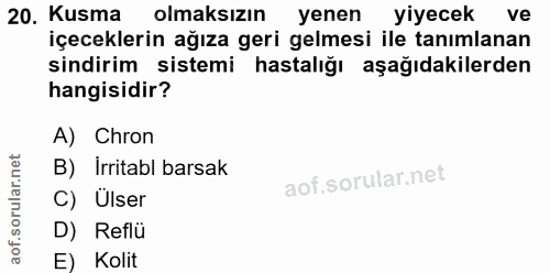 20. soru: Kusma olmaksızın yenen yiyecek ve içeceklerin ağıza geri gelmesi ile tanımlanan sindirim sistemi hastalığı aşağıdakil…