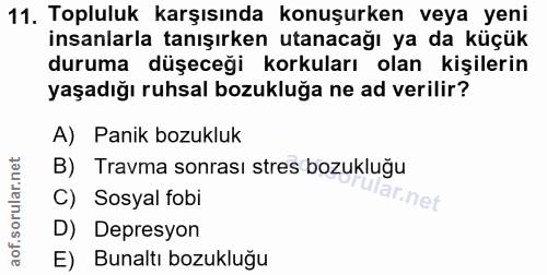 11. soru: Topluluk karşısında konuşurken veya yeni insanlarla tanışırken utanacağı ya da küçük duruma düşeceği korkuları olan k…