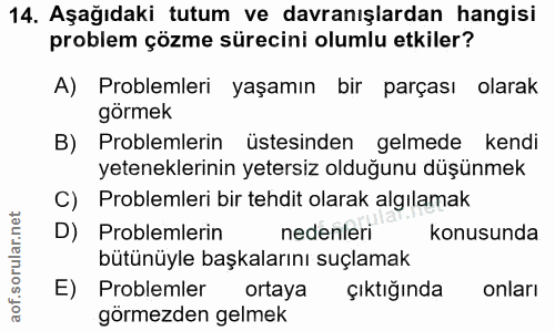 14. soru: Aşağıdaki tutum ve davranışlardan hangisi problem çözme sürecini olumlu etkiler? A) Problemleri yaşamın bir parçası o…