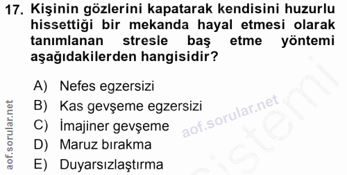 17. soru: Kişinin gözlerini kapatarak kendisini huzurlu hissettiği bir mekanda hayal etmesi olarak tanımlanan stresle bas etme…