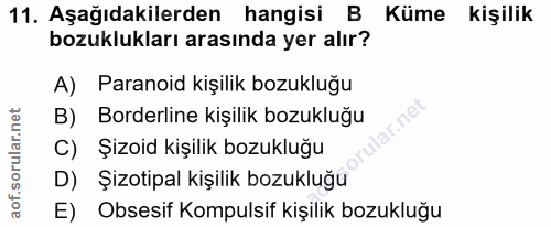 11. soru: Aşağıdakilerden hangisi B Küme kişilik bozuklukları arasında yer alır? A) Paranoid kişilik bozukluğu B) Borderline ki…