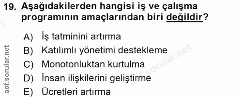 19. soru: Aşağıdakilerden hangisi iş ve çalışma programının amaçlarından biri değildir? A) İş tatminini artırma B) Katılımlı yö…