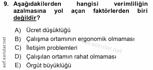9. soru: Aşağıdakilerden hangisi verimliliğin azalmasına yol açan faktörlerden biri değildir? A) Ücret düşüklüğü B) Çalışma or…