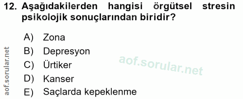 12. soru: Aşağıdakilerden hangisi örgütsel stresin psikolojik sonuçlarından biridir? A) Zona B) Depresyon C) Ürtiker D) Kanser…