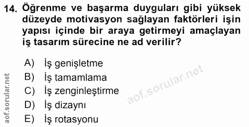 14. soru: Oğrenme ve başarma duyguları gibi yüksek düzeyde motivasyon sağlayan faktörleri işin yapısı içinde bir araya getirmey…