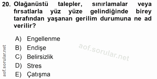 20. soru: Olağanüstü talepler, sinırlamalar veya fırsatlarla yüz yüze gelindiğinde birey tarafından yaşanan gerilim durumuna ne…