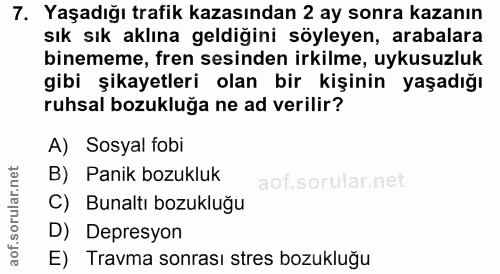 7. soru: Yaşadığı trafik kazasından 2 ay sonra kazanın Sık sık aklına geldiğini söyleyen, arabalara binememe, fren sesinden ir…
