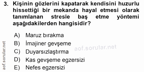 3. soru: Kişinin gözlerini kapatarak kendisini huzurlu hissettiği bir mekanda hayal etmesi olarak tanımlanan stresle baş etme…