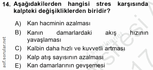 14. soru: Aşağıdakilerden hangisi stres karşısında kalpteki değişikliklerden biridir? A) Kan hacminin azalması B) Kanın damarla…