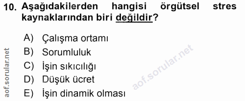 10. soru: Aşağıdakilerden hangisi örgütsel stres kaynaklarından biri değildir? A) Çalışma ortamı B) Sorumluluk .sorular.ne C) İ…