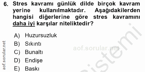 6. soru: Stres kavramı günlük dilde birçok kavram yerine kullanılmaktadır. Aşağıdakilerden hangisi diğerlerine göre stres kavr…