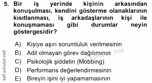 5. soru: Bir iş yerinde kişinin arkasından konuşulması, kendini gösterme olanaklarının kısıtlanması, iş arkadaşlarının kişi il…