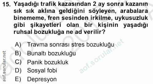 15. soru: Yaşadığı trafik kazasından 2 ay sonra kazanın sık sık aklına geldiğini söyleyen, arabalara binememe, fren sesinden ir…