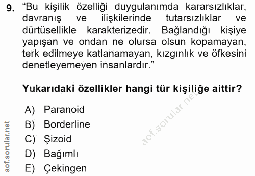 9. soru: "Bu kişilik özelliği duygulanımda kararsızlıklar, davranış ve ilişkilerinde tutarsızlıklar ve dürtüsellikle karakteri…