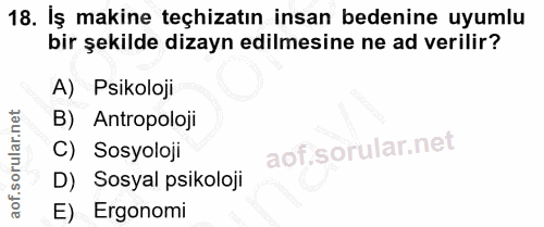18. soru: İş makine teçhizatın insan bedenine uyumlu bir şekilde dizayn edilmesine ne ad verilir? A) Psikoloji B) Antropoloji C…
