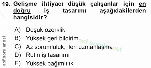 19. soru: Gelişme ihtiyacı düşük çalışanlar için en doğru tasarımı aşağıdakilerden hangisidir? A) Düşük özerklik B) Yüksek geri…