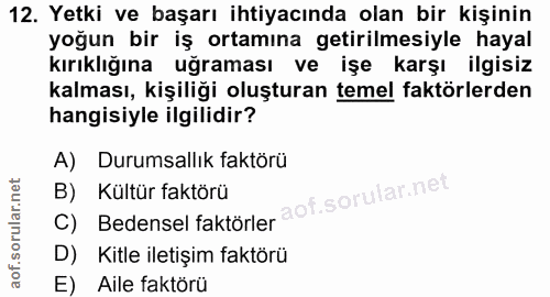12. soru: Yetki ve başarı ihtiyacında olan bir kişinin yoğun bir iş ortamına getirilmesiyle hayal kırıklığına uğraması ve işe k…