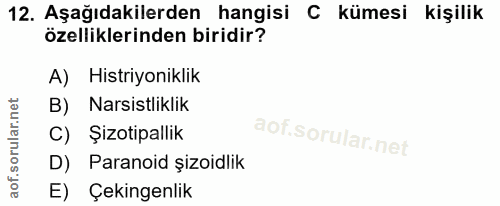 12. soru: Aşağıdakilerden hangisi C kümesi kişilik özelliklerinden biridir? A) Histriyoniklik B) Narsistliklik C) Şizotipallik…