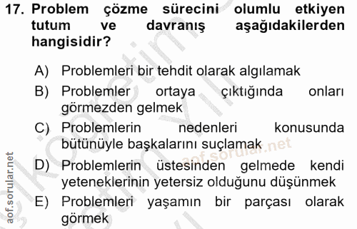 17. soru: Problem çözme sürecini olumlu etkiyen tutum ve davranış aşağıdakilerden hangisidir? A) Problemleri bir tehdit olarak…