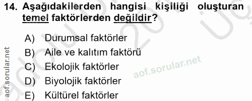 14. soru: Aşağıdakilerden hangişi kişiliği oluşturan temel faktörlerden değildir? A) Durumsal faktörler B)Aile ve kalıtım faktö…