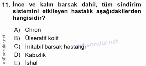 11. soru: Ince ve kalın barsak dahil, tüm sindirim sistemini etkileyen hastalık aşağıdakilerden hangisidir? A) Chron B) Ulserat…