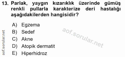 13. soru: Parlak, yaygın kızarıklık üzerinde gümüş renkli pullarla karakterize deri hastaliğı aşağıdakilerden hangisidir? A) Eg…
